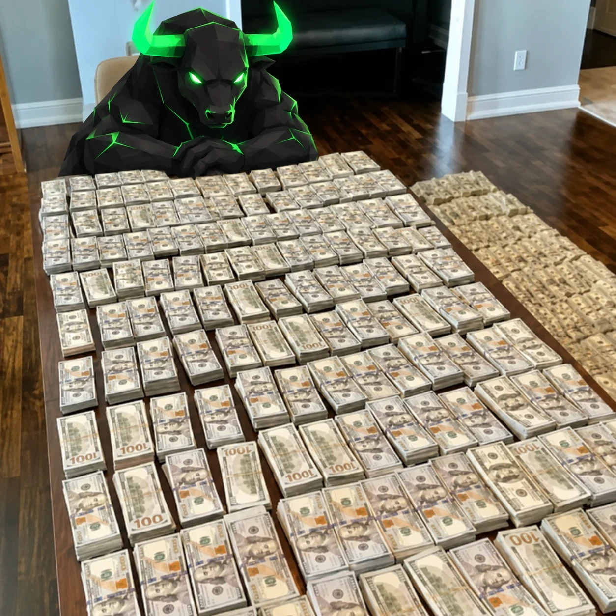 The black bull sitting at a table of cash, counting it twice